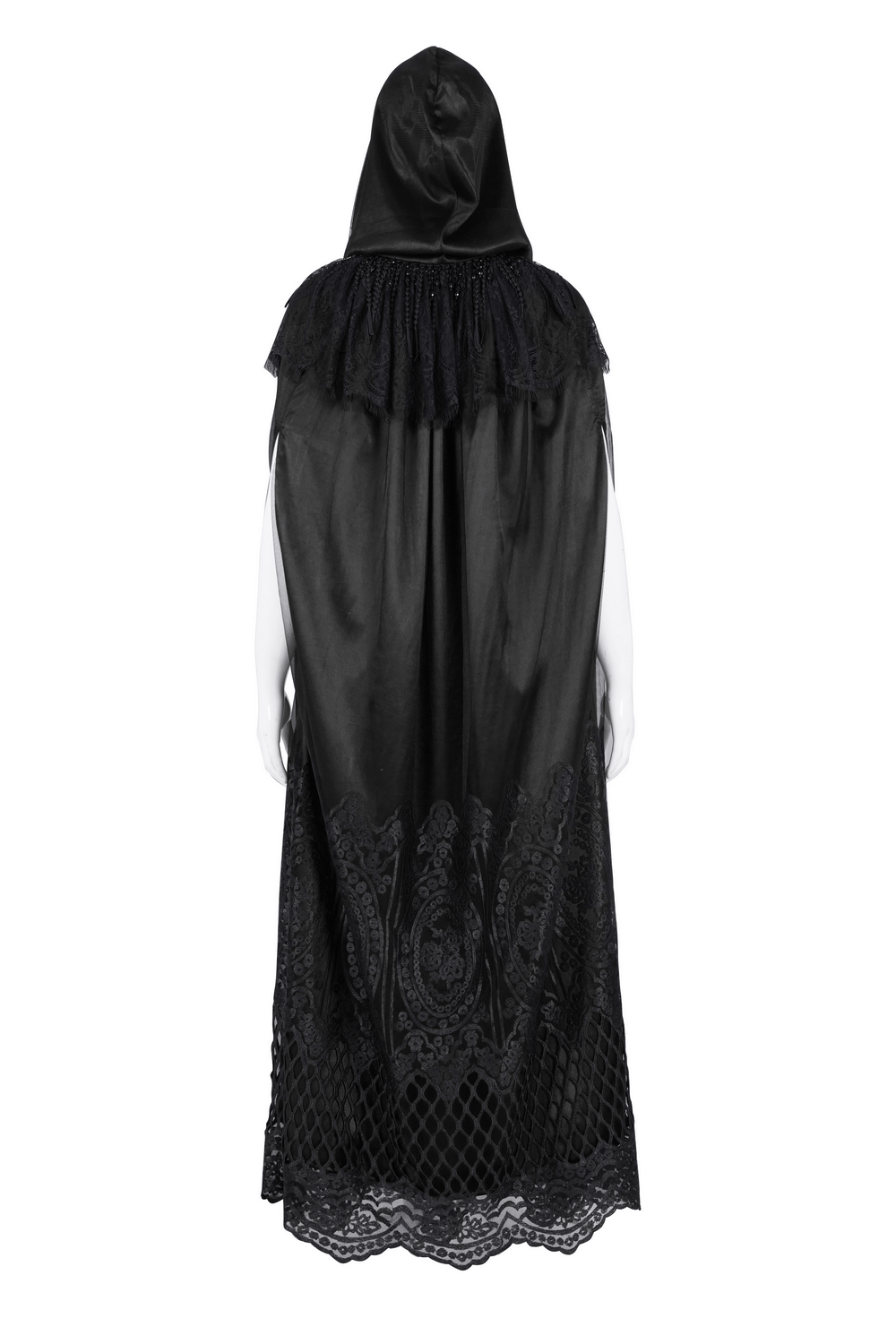 Elegant back view of a gothic hooded cape featuring intricate lace embroidery and mesh details.