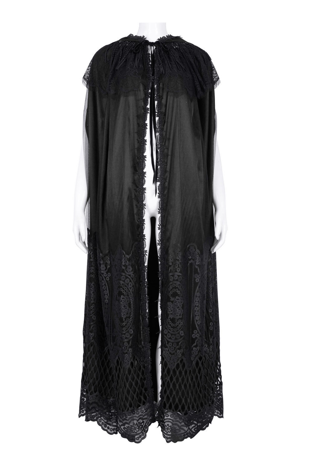 Gothic Hooded Cape with Lace Embroidery and Mesh Details