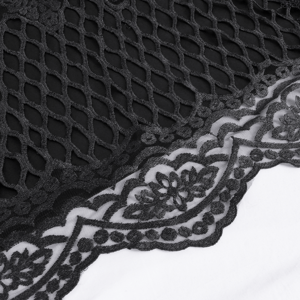 Lace embroidery and mesh details of a gothic hooded cape showcasing intricate patterns.