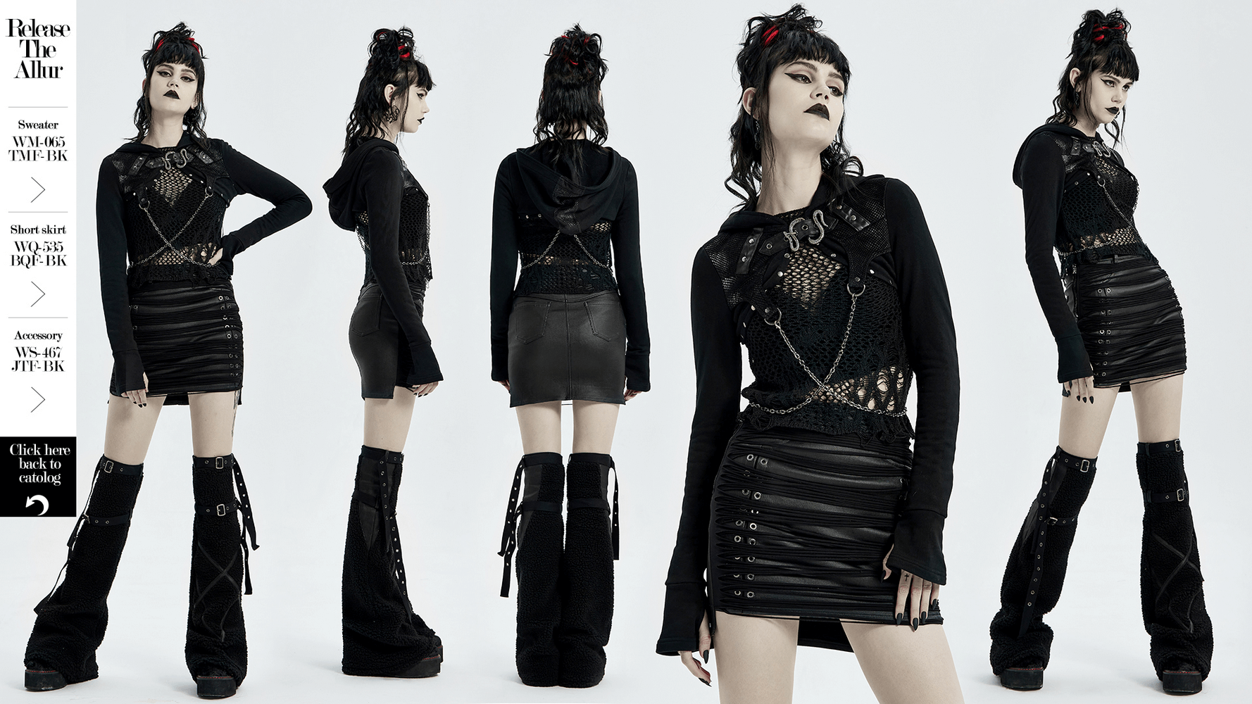 Gothic hooded chain top featuring a warm knitted design, riveted cuffs, and sleek punk style detailing.