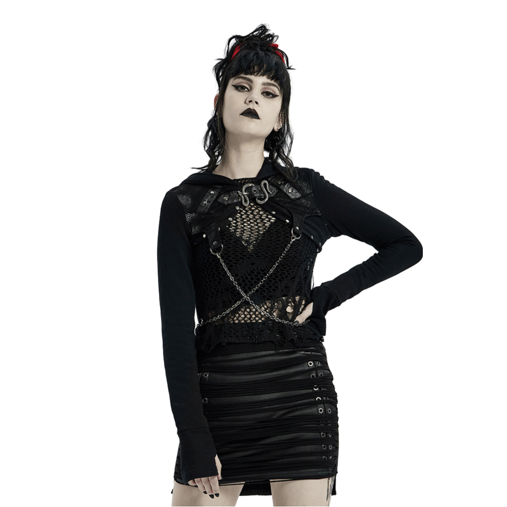 Gothic hooded chain top featuring punk style, riveted leather cuffs, and unique thumb-exposing cuffs.