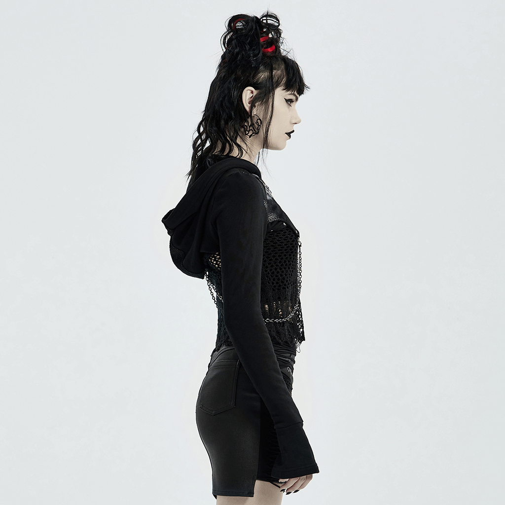 Model showcasing Gothic Hooded Chain Top with riveted leather cuffs and thumb-exposing design for a punk style.