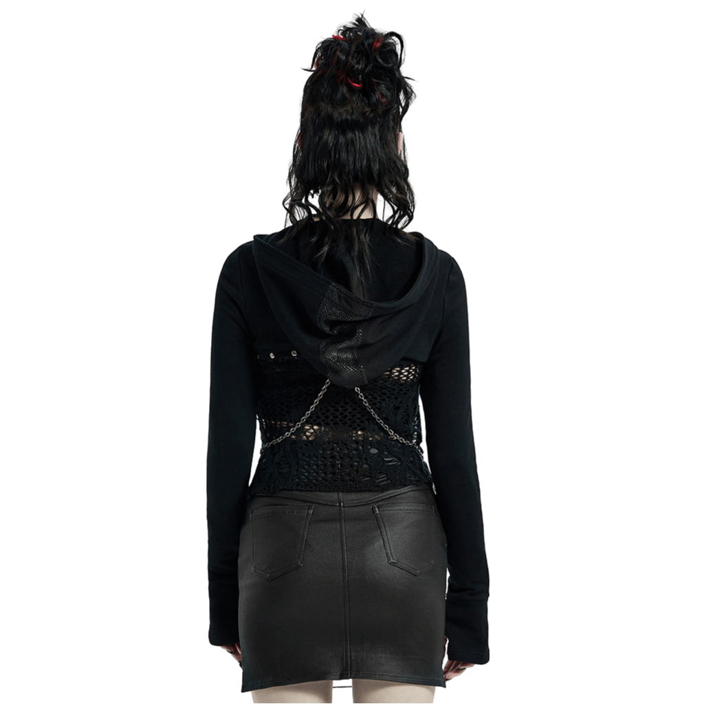 Back view of Gothic Hooded Chain Top featuring woven details and detachable alloy chains, paired with a sleek black skirt.