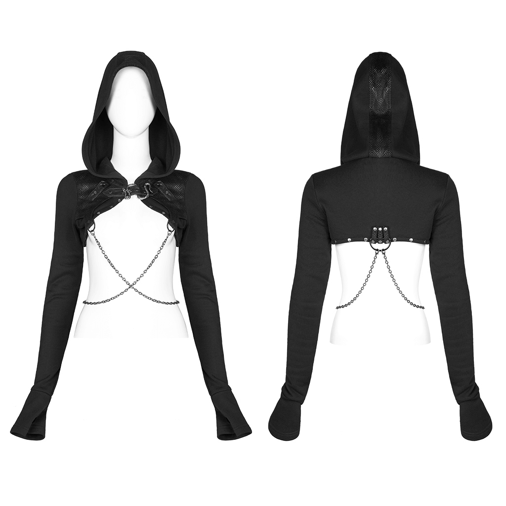Gothic hooded chain top featuring a knitted design and detachable alloy chains for a punk look.