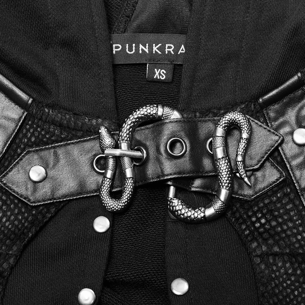 Close-up of Gothic Hooded Chain Top with snake-shaped buckle and riveted leather cuff for a punk style.