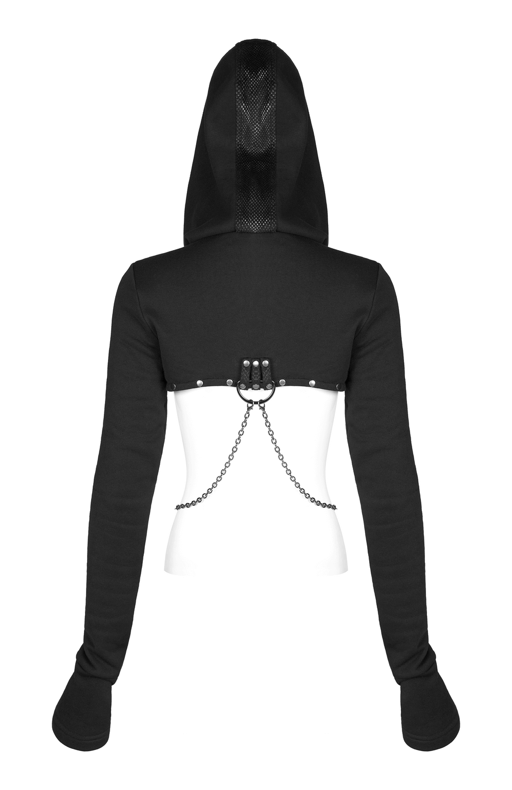 Gothic hooded knitted top with punk details, featuring a chain and riveted leather cuffs in black.