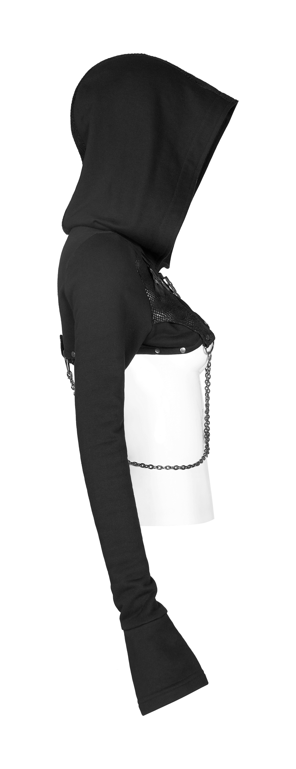 Gothic hooded chain top featuring a warm knitted sweater design with punk-style details and detachable alloy chains.