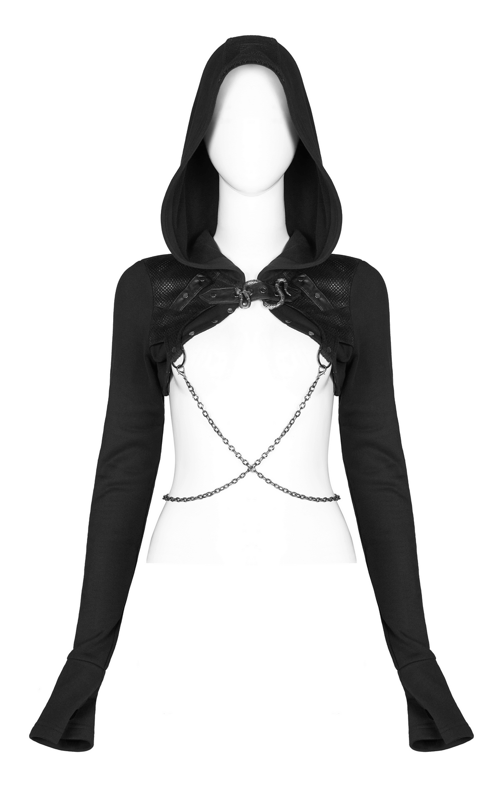 Gothic hooded chain top with thumb cuffs and detachable alloy chains, perfect for punk style and warmth.