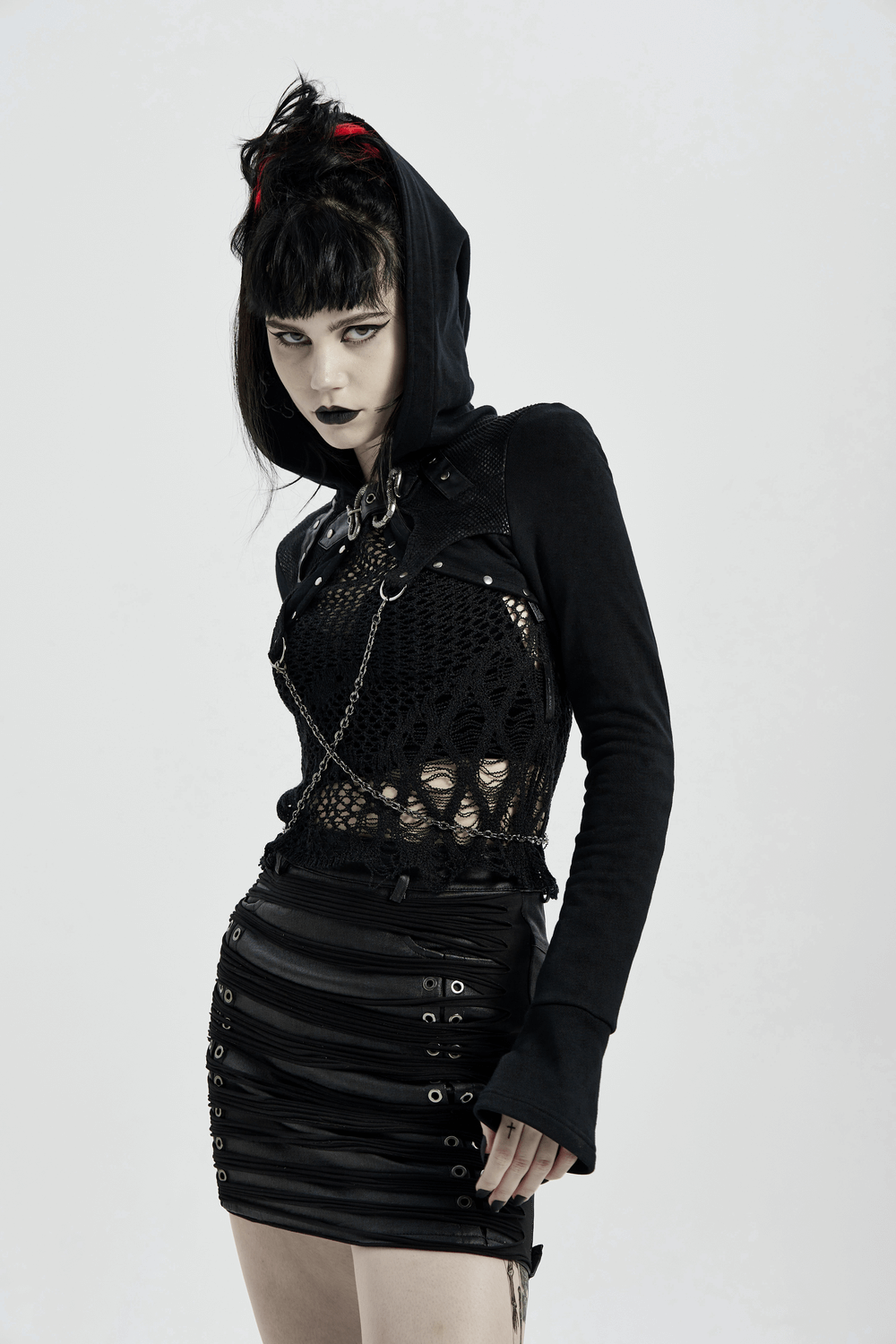 Gothic hooded chain top with woven fabric, thumb-exposing cuffs, and riveted leather accents, perfect for punk fashion.