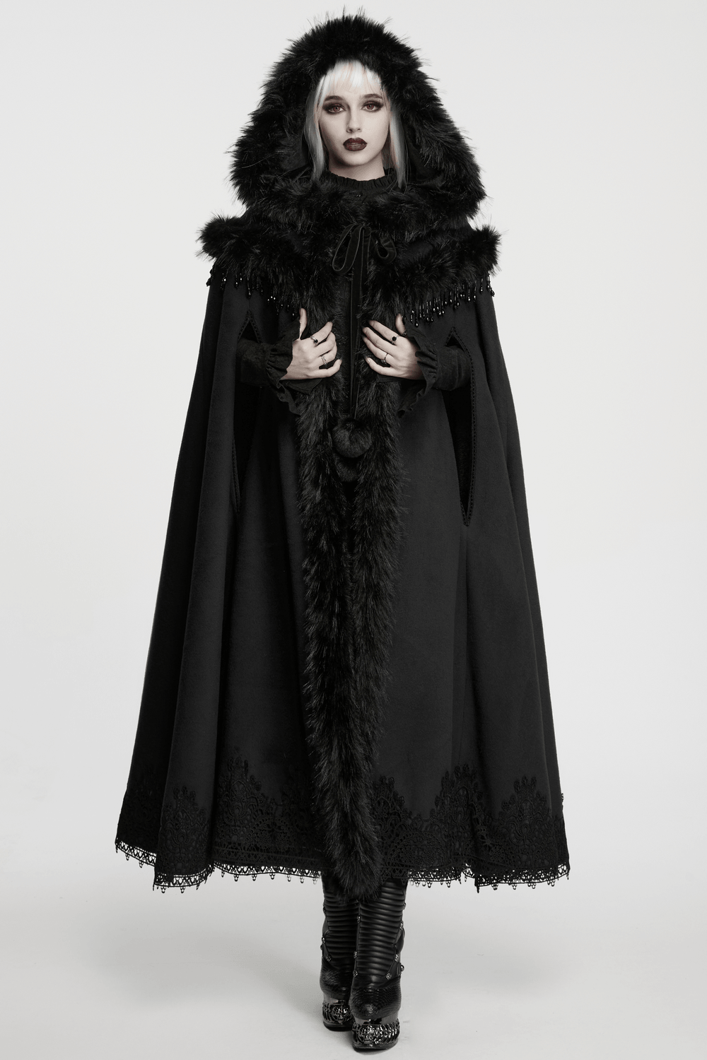 Gothic Hooded Cloak with Faux Fur Trim and Lace Hem