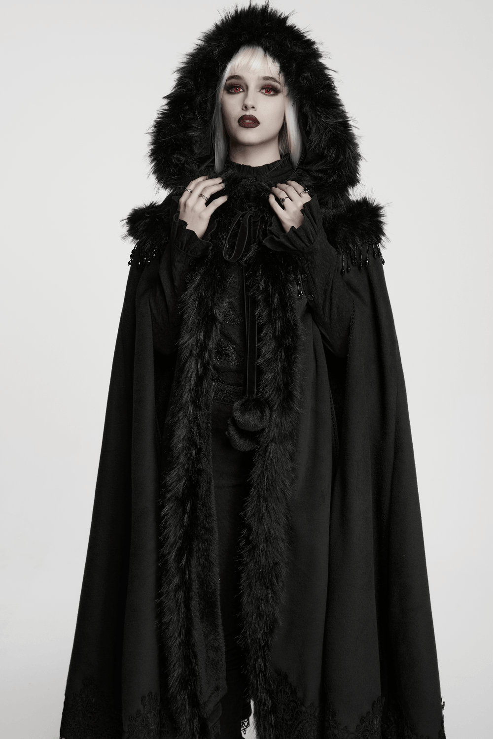 Gothic Hooded Cloak with Faux Fur Trim and Lace Hem