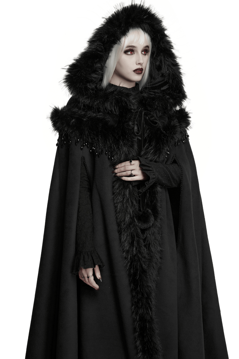 Gothic Hooded Cloak with Faux Fur Trim and Lace Hem