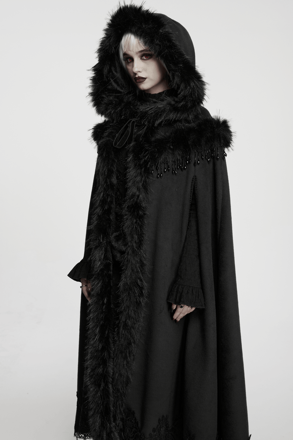 Gothic Hooded Cloak with Faux Fur Trim and Lace Hem
