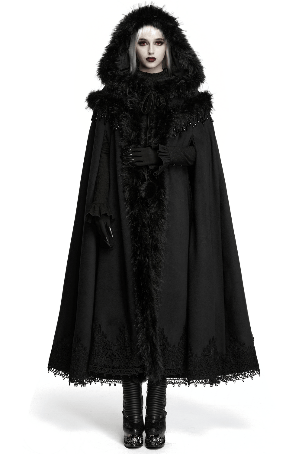 Gothic Hooded Cloak with Faux Fur Trim and Lace Hem