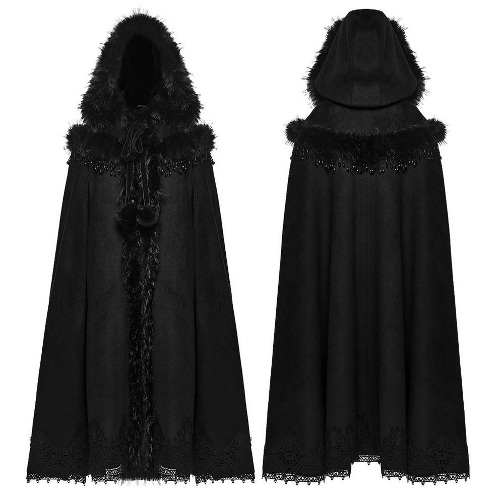 Gothic Hooded Cloak with Faux Fur Trim and Lace Hem