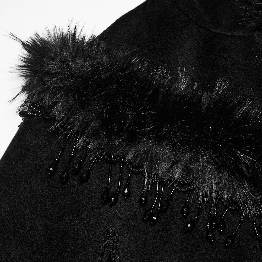 Gothic Hooded Cloak with Faux Fur Trim and Lace Hem