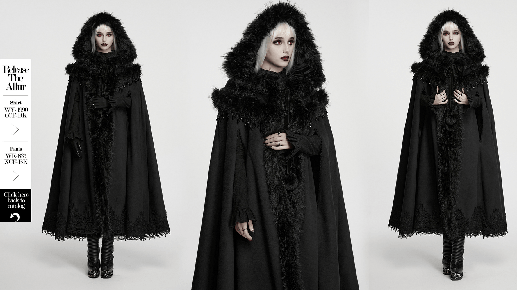 Gothic Hooded Cloak with Faux Fur Trim and Lace Hem