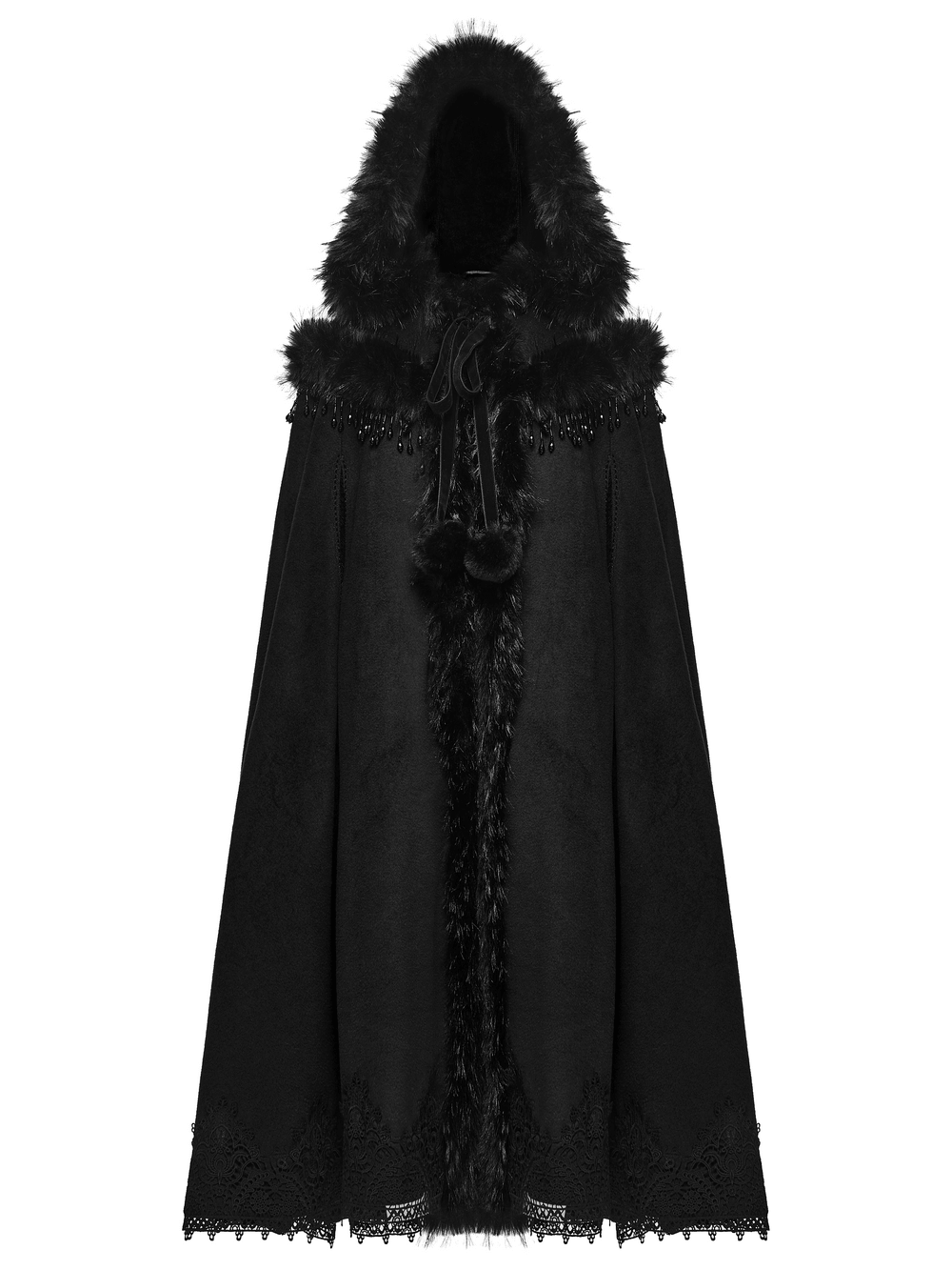 Gothic Hooded Cloak with Faux Fur Trim and Lace Hem
