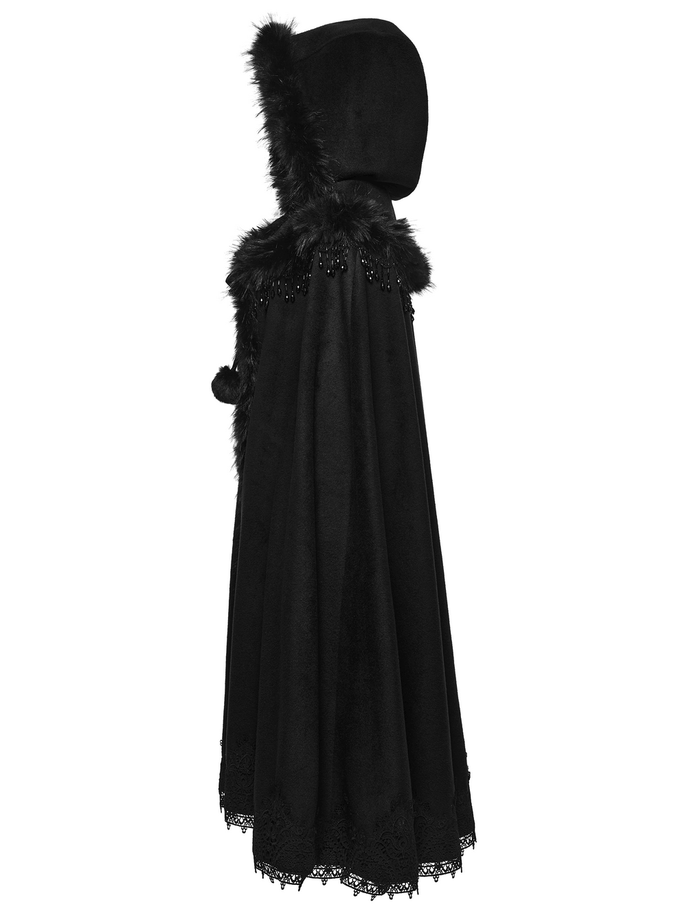 Gothic Hooded Cloak with Faux Fur Trim and Lace Hem