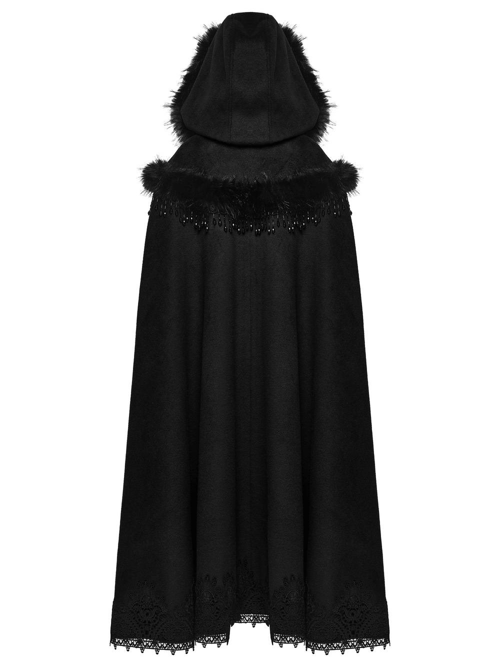 Gothic Hooded Cloak with Faux Fur Trim and Lace Hem