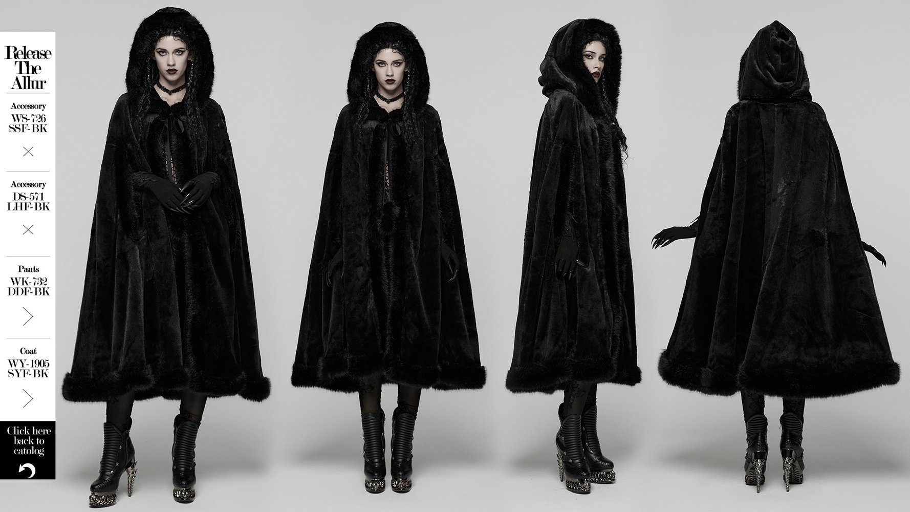 Gothic Hooded Cloak with Faux Fur Trim for Women worn by model showcasing stylish gothic fashion.