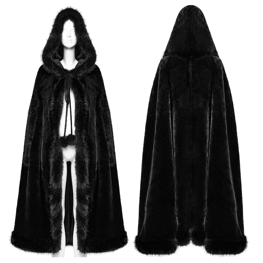 Gothic Hooded Cloak with Faux Fur Trim for Women displayed on a mannequin against a white background.