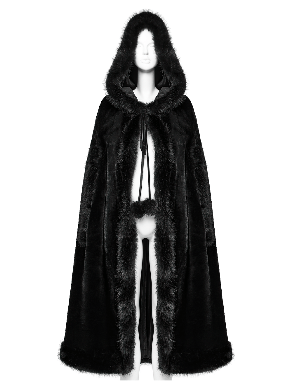 Gothic Hooded Cloak with Faux Fur Trim for Women displayed on a mannequin, showcasing its luxurious design and warm fabric.