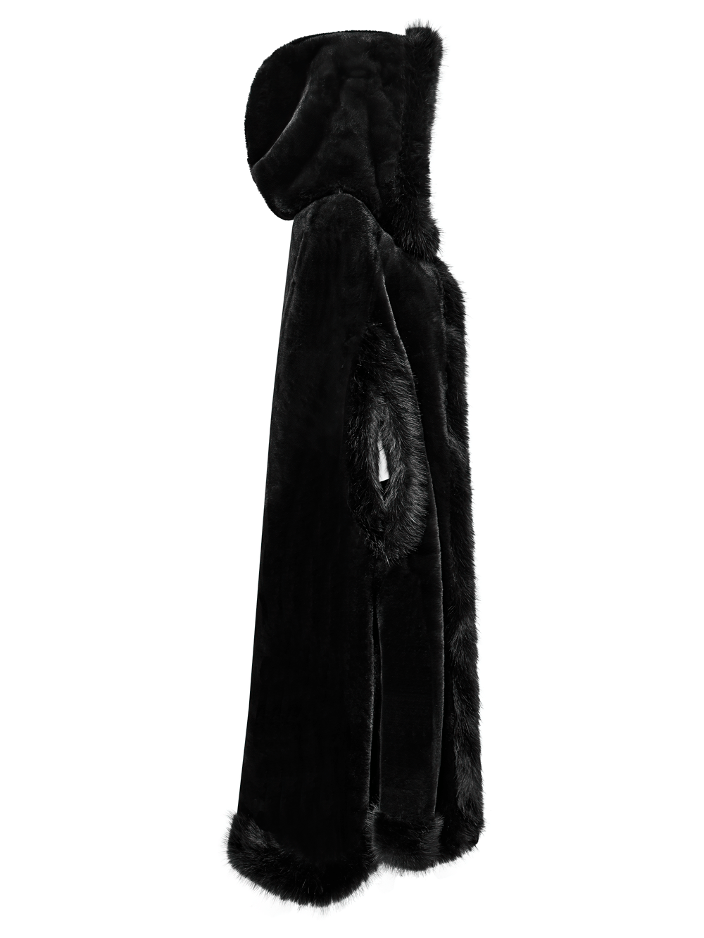 Gothic Hooded Cloak with Faux Fur Trim for Women displayed in black with luxurious faux fur details.