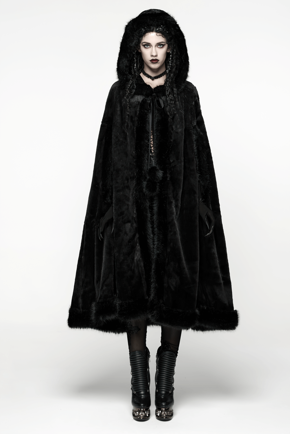 Gothic Hooded Cloak with Faux Fur Trim for Women, featuring a dramatic hood and luxurious faux fur details.