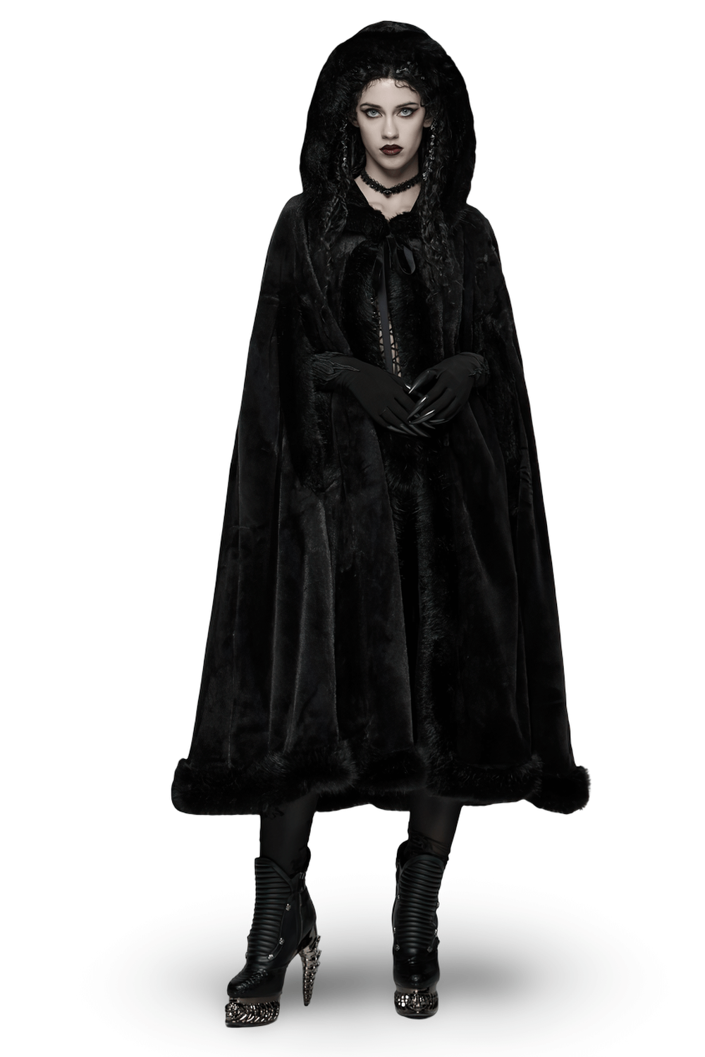 Gothic Hooded Cloak with Faux Fur Trim for Women worn by a model, featuring a luxurious black design.