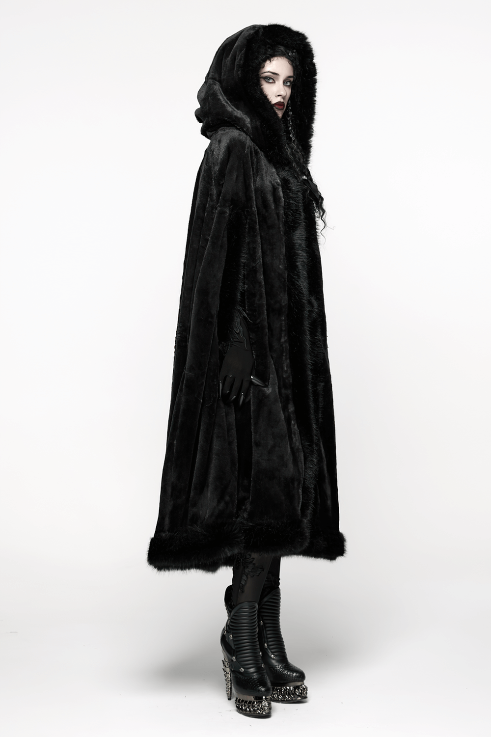 Gothic Hooded Cloak with Faux Fur Trim for Women, featuring luxurious black faux fur and dramatic design.