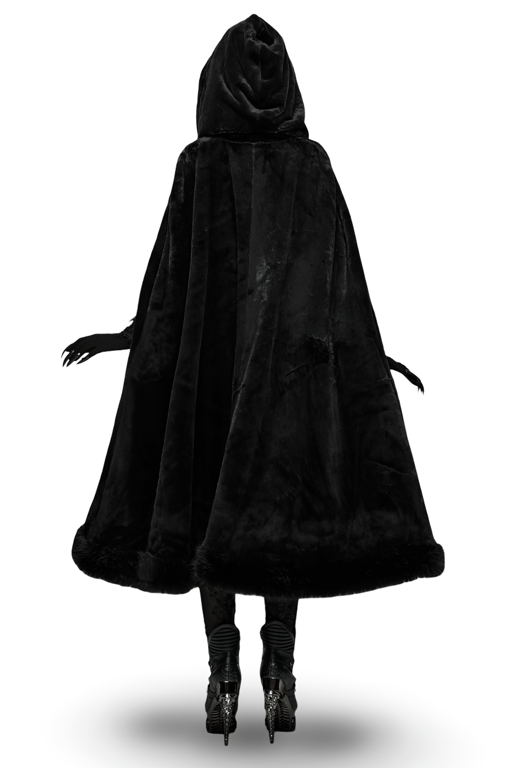 Gothic Hooded Cloak with Faux Fur Trim for Women, luxurious black design with faux fur trim.