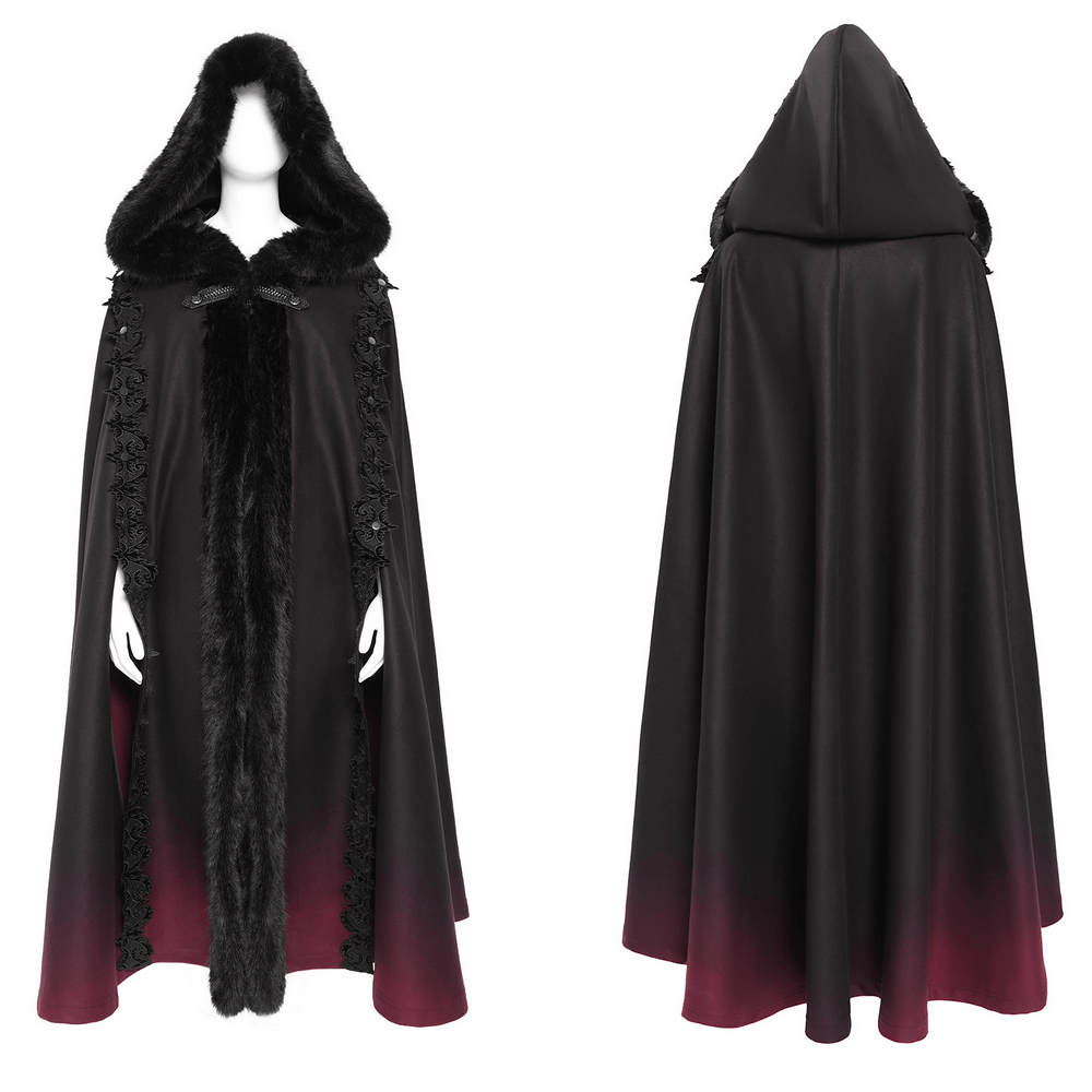Gothic hooded cloak with black fur trim and red ombre hem, perfect for dark fantasy costumes and cosplay.