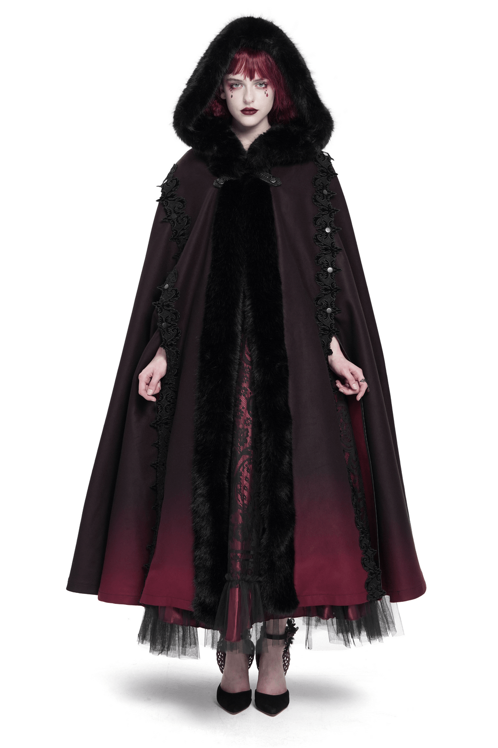 Gothic hooded cloak with luxurious fur trim and ombre red hem, perfect for dark fantasy and cosplay.