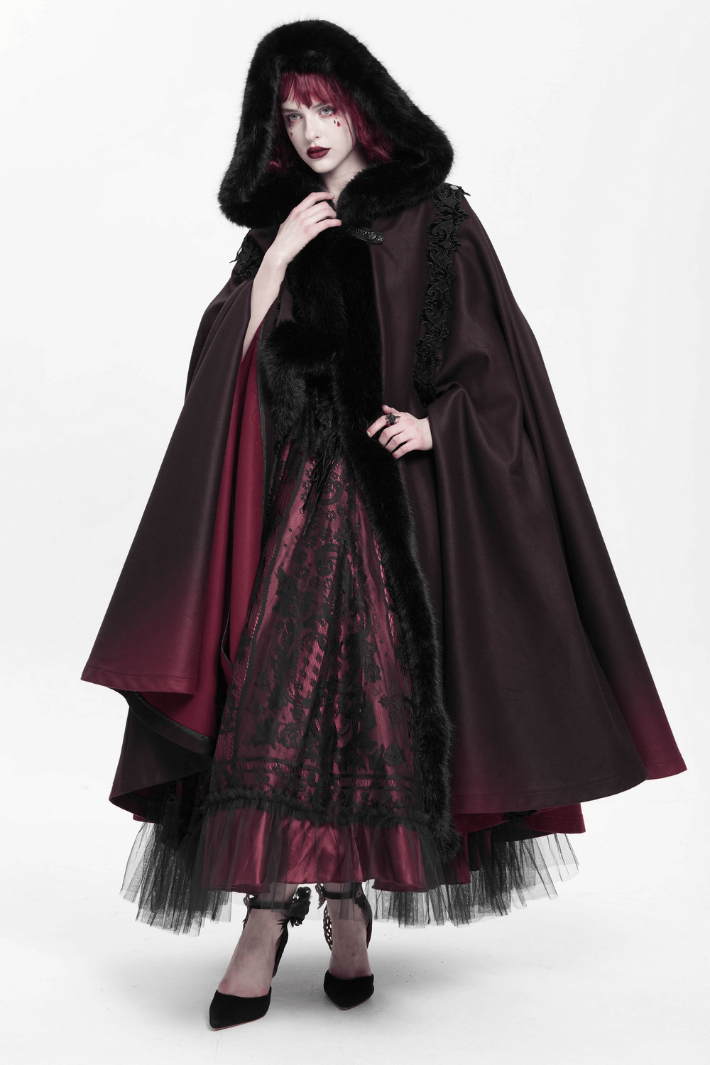 Gothic hooded cloak with fur trim and ombre hem, showcasing dark fantasy elegance and intricate embroidered details.
