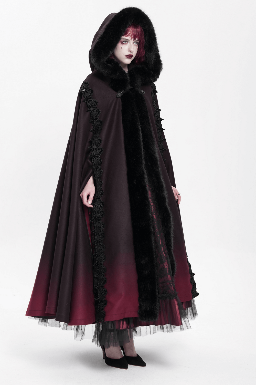 Gothic hooded cloak with fur trim and ombre red hem, perfect for fantasy costumes and dark elegance.