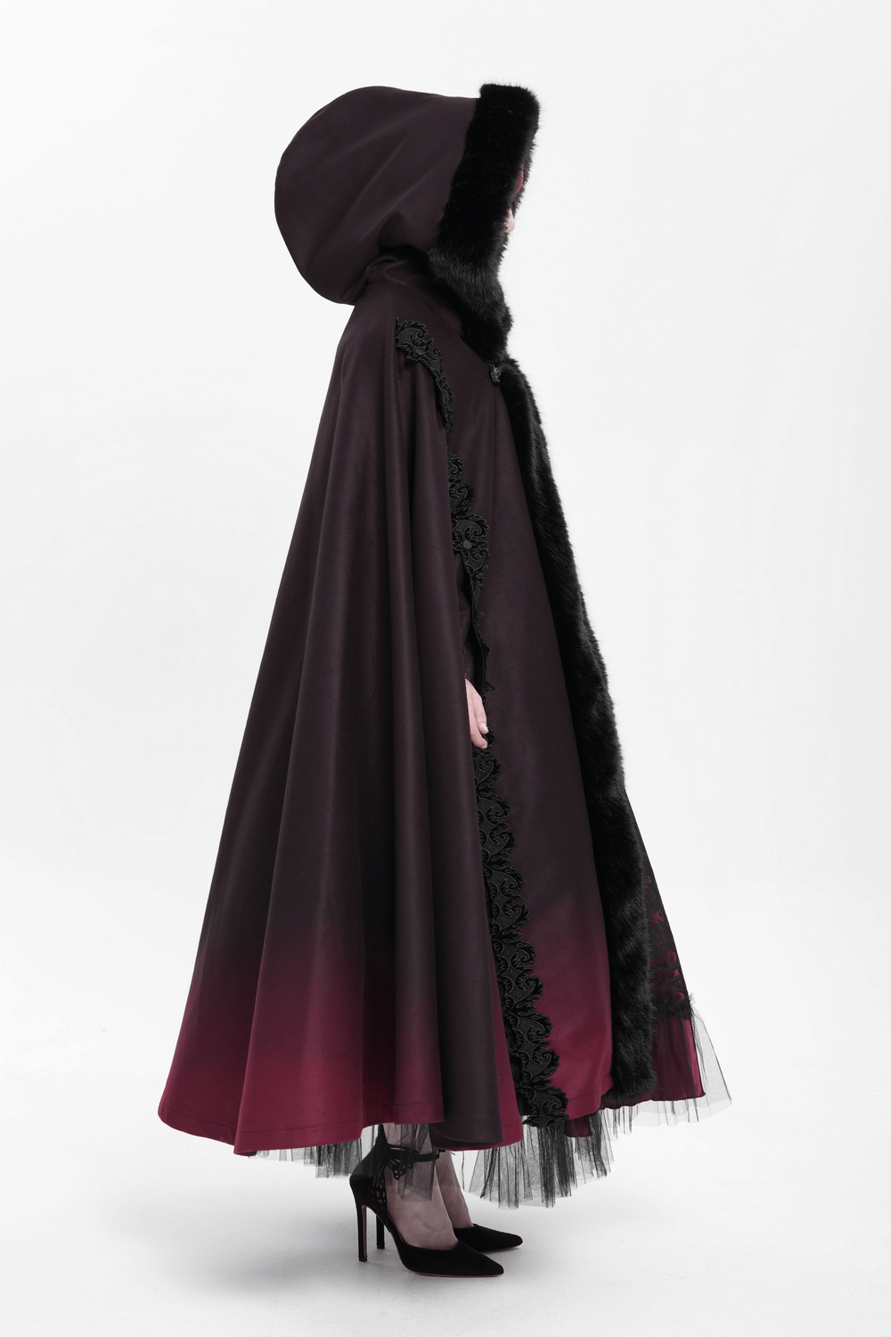 Gothic hooded cloak with fur trim and ombre red hem, perfect for cosplay and dark fantasy fashion.