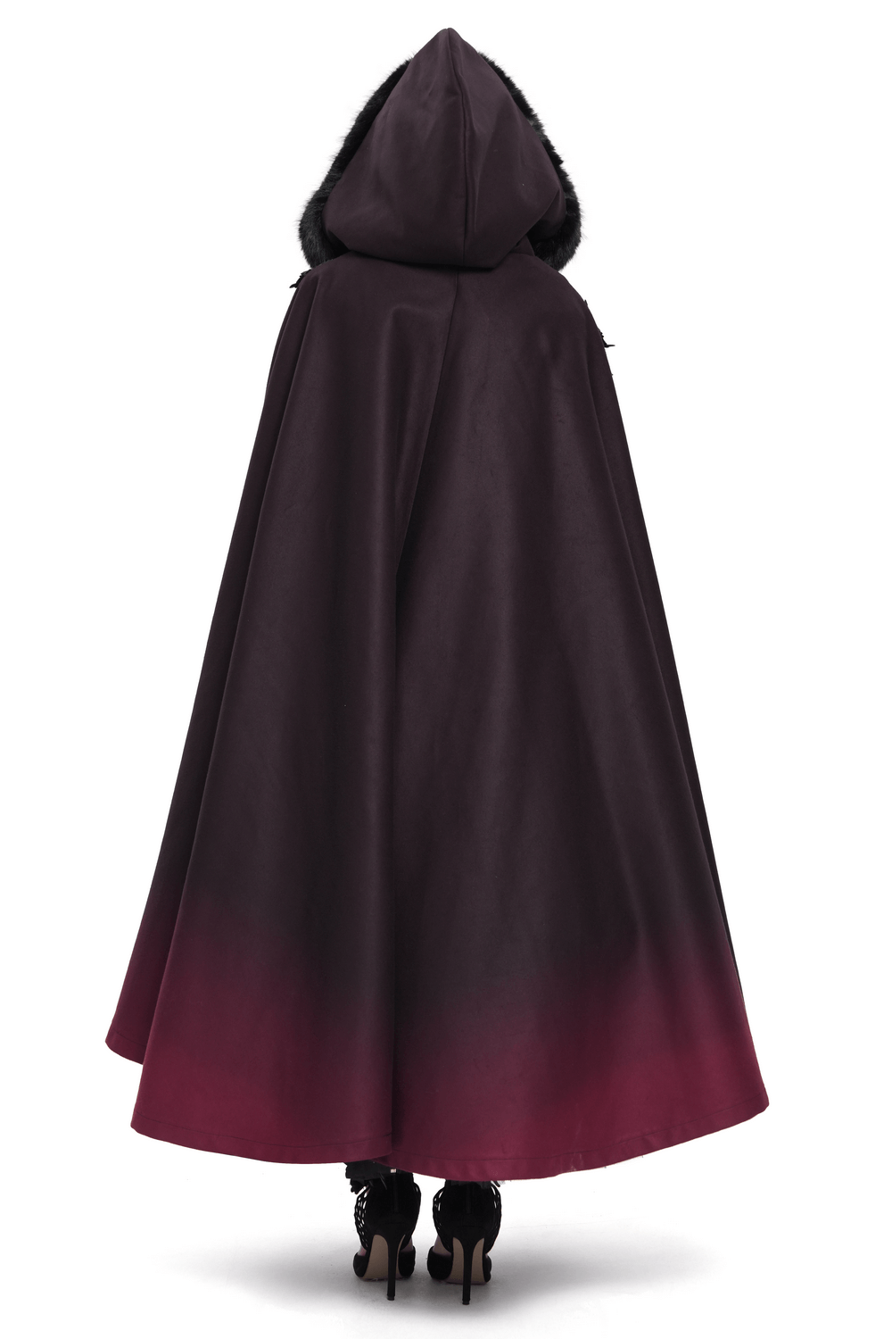 Back view of gothic hooded cloak with fur trim, featuring a striking ombre red hem.