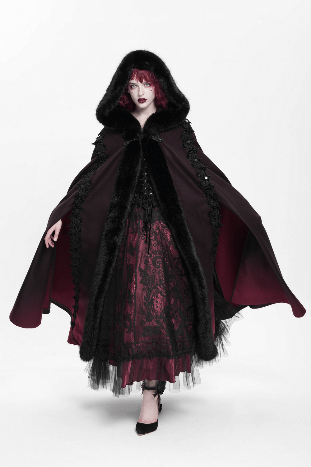 Gothic hooded cloak with fur trim and ombre hem, perfect for dark fantasy fashion and cosplay.