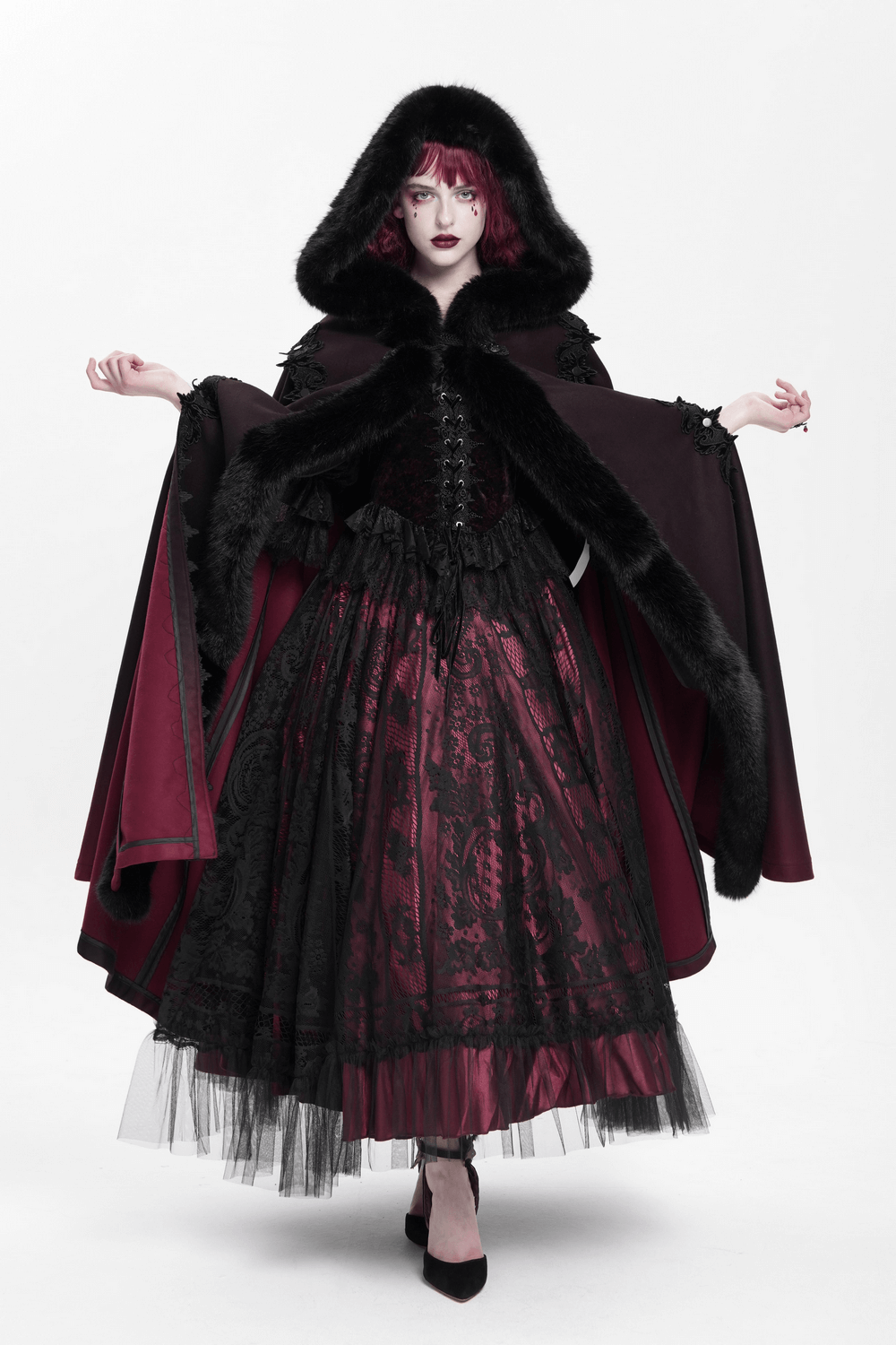 Gothic hooded cloak with fur trim, elegant red ombre hem, perfect for dark fantasy and cosplay fashion.