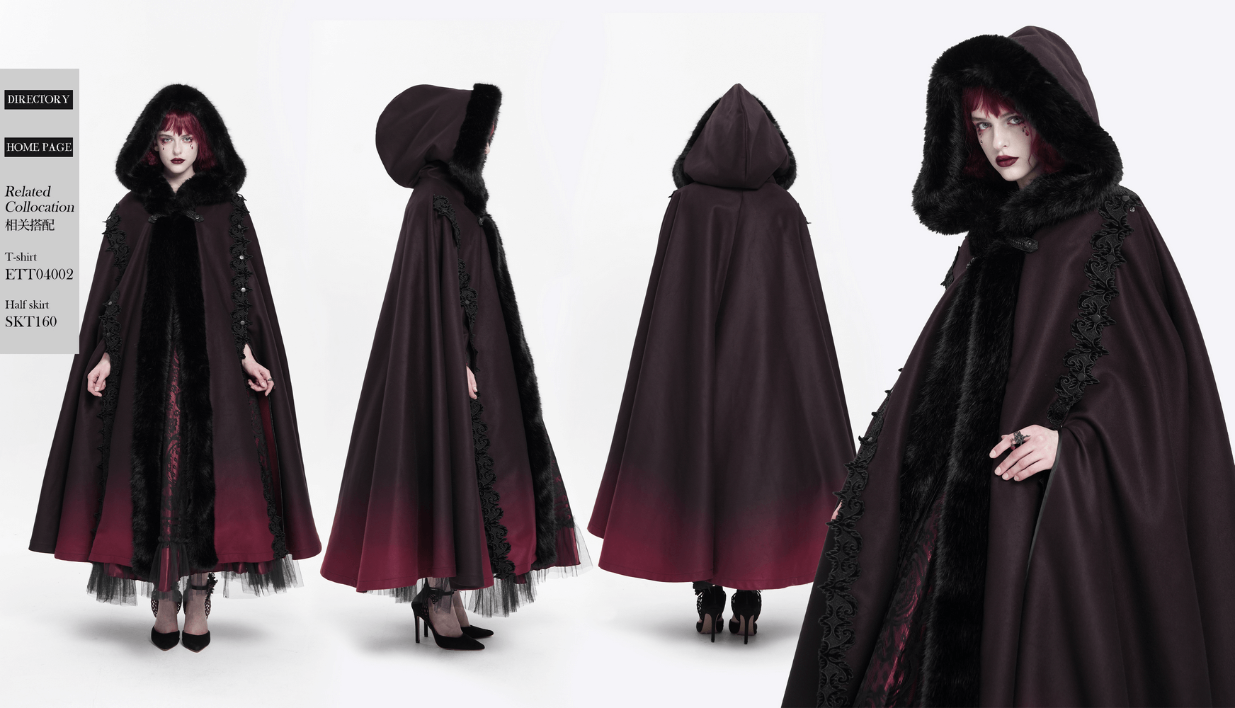 Gothic hooded cloak with black fur trim and red ombre hem, perfect for dark fantasy costumes and cosplay.