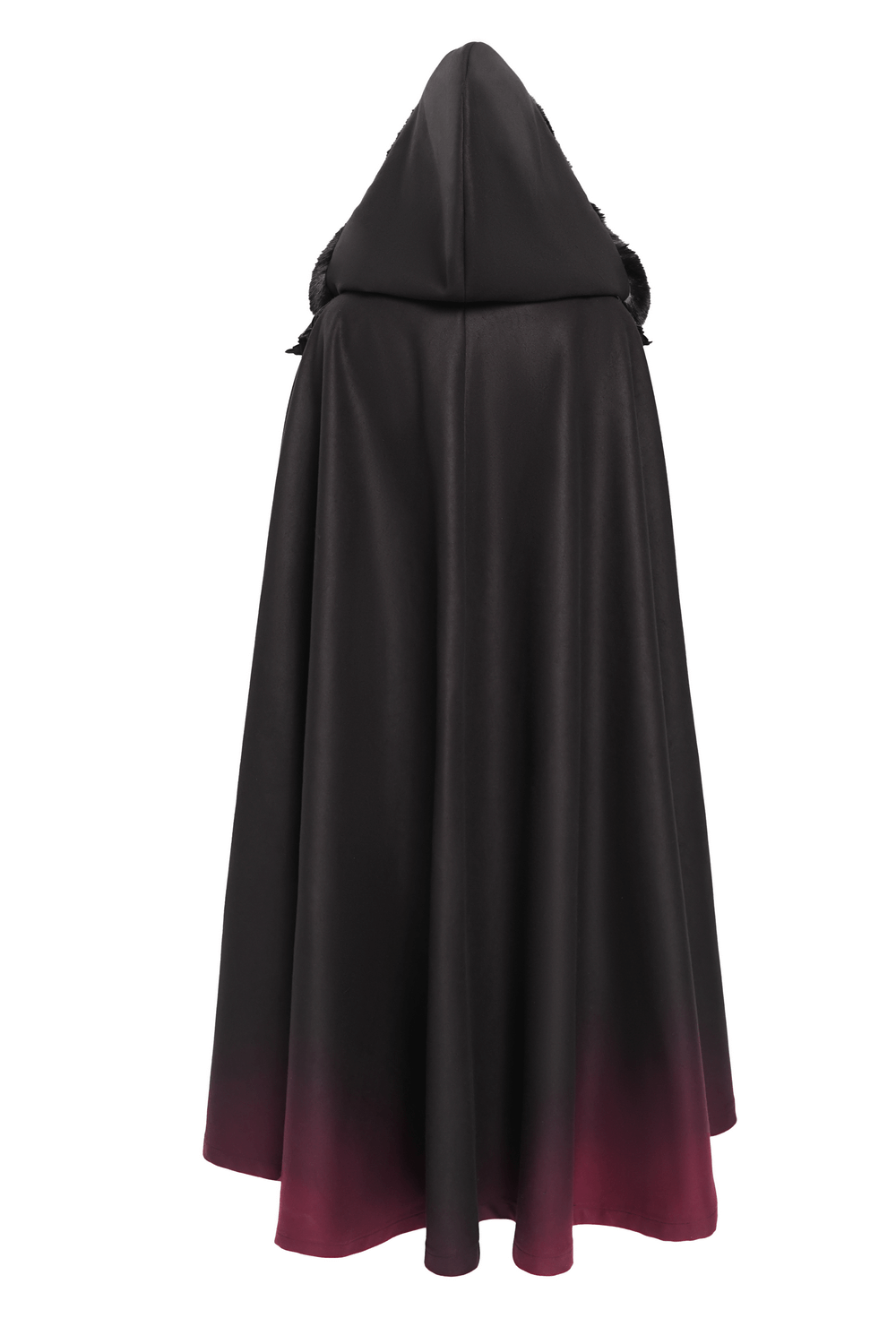 Gothic hooded cloak with fur trim and red ombre hem, perfect for dark fantasy and cosplay.