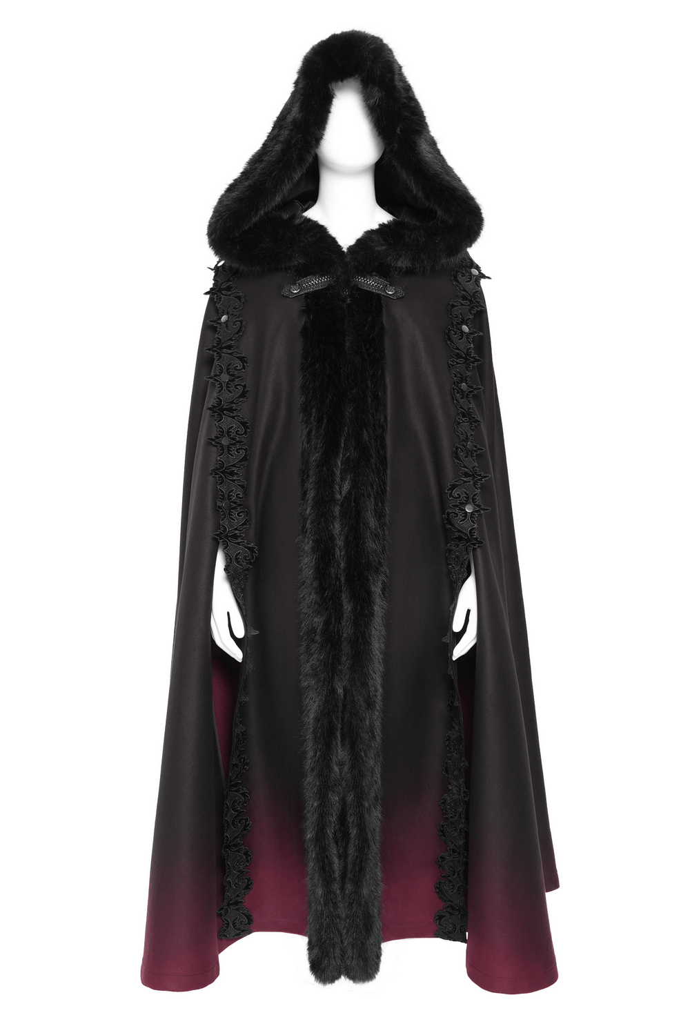 Gothic hooded cloak with black fur trim and ombre red hem, perfect for dark fantasy costumes and cosplay.
