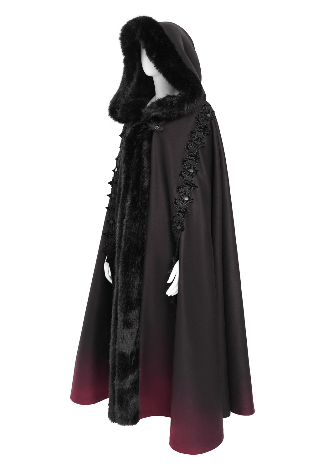 Gothic hooded cloak with fur trim and ombre red hem, perfect for dark fantasy and cosplay.