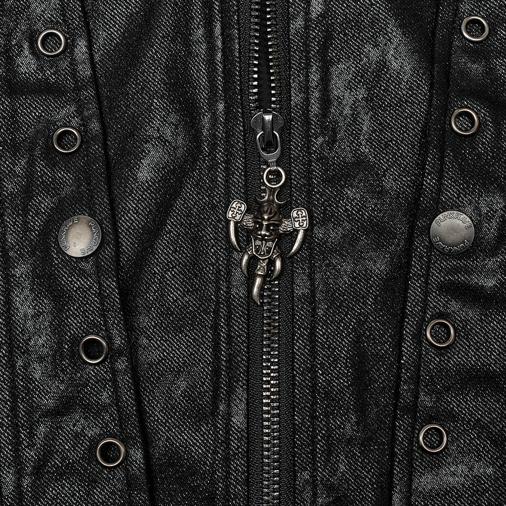 Close-up of a Gothic Hooded Coat zipper featuring intricate detailing and stylish hardware accents.