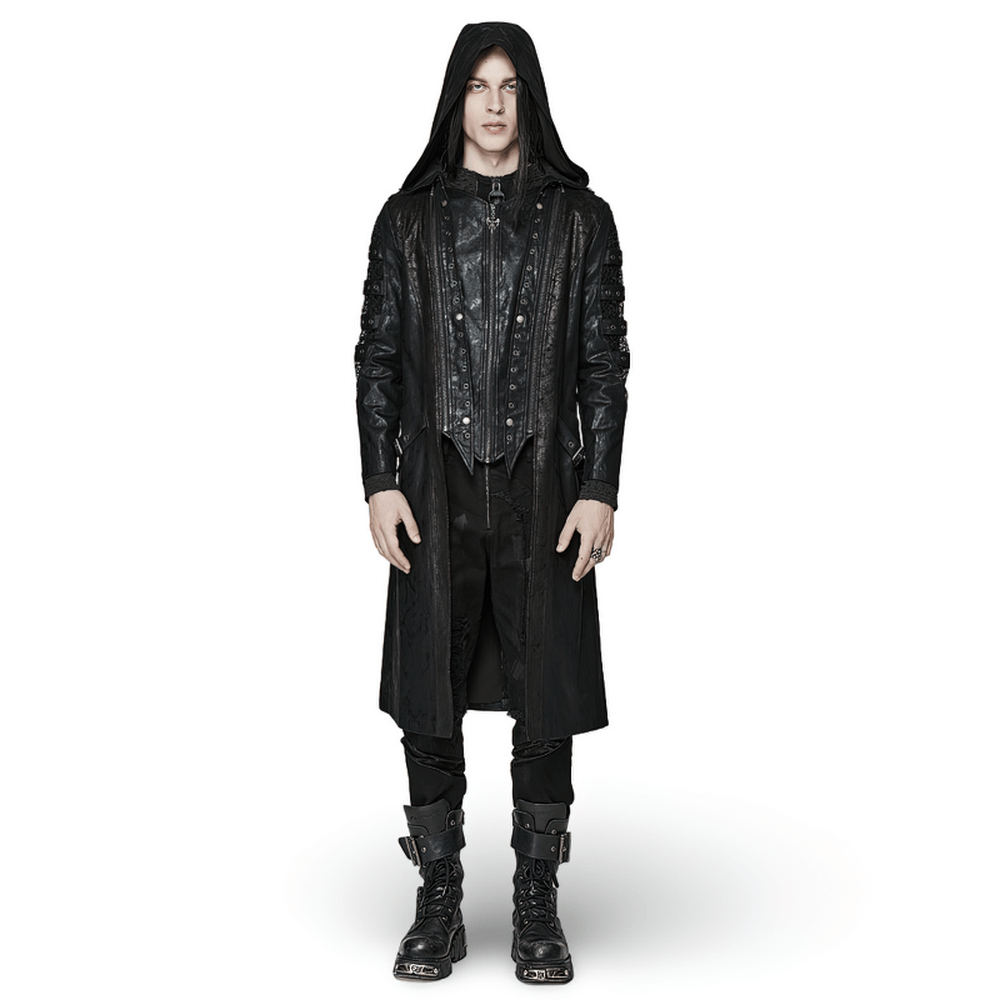 Gothic hooded coat with detachable cap, mesh sleeves, and punk style on model in a striking black ensemble.