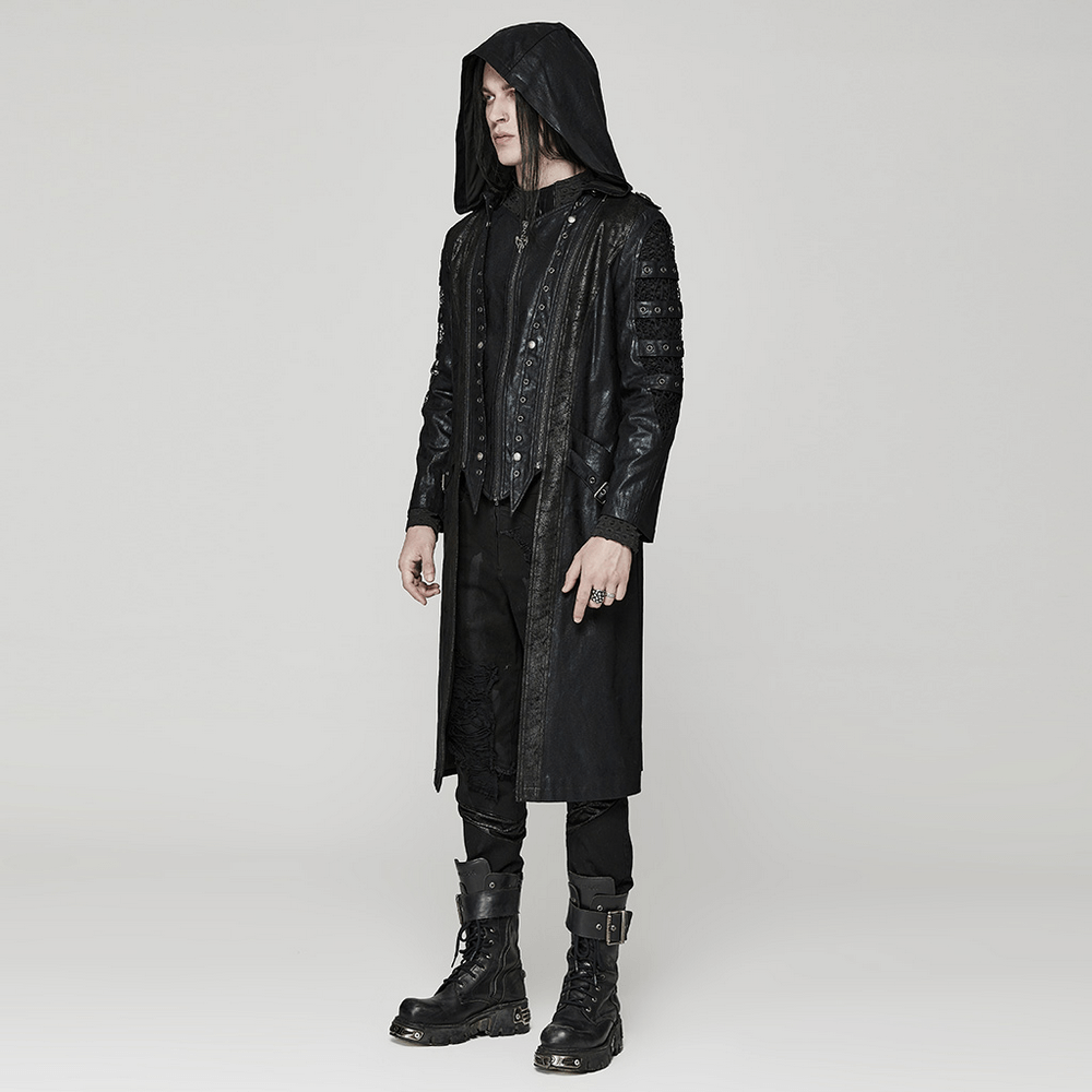 Gothic hooded coat with detachable cap and mesh sleeves, showcasing punk style and distressed details on a model.