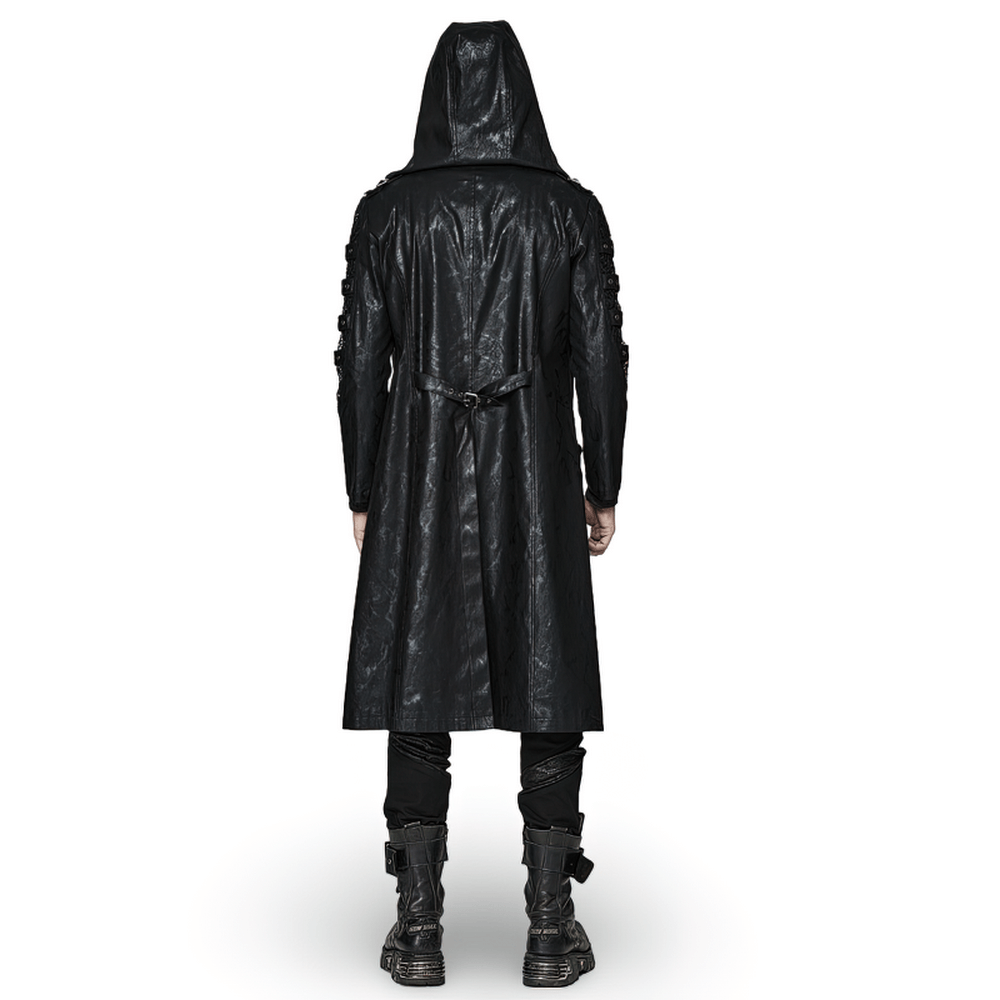Gothic hooded coat with detachable cap, featuring hollow mesh sleeves and a stylish long design.