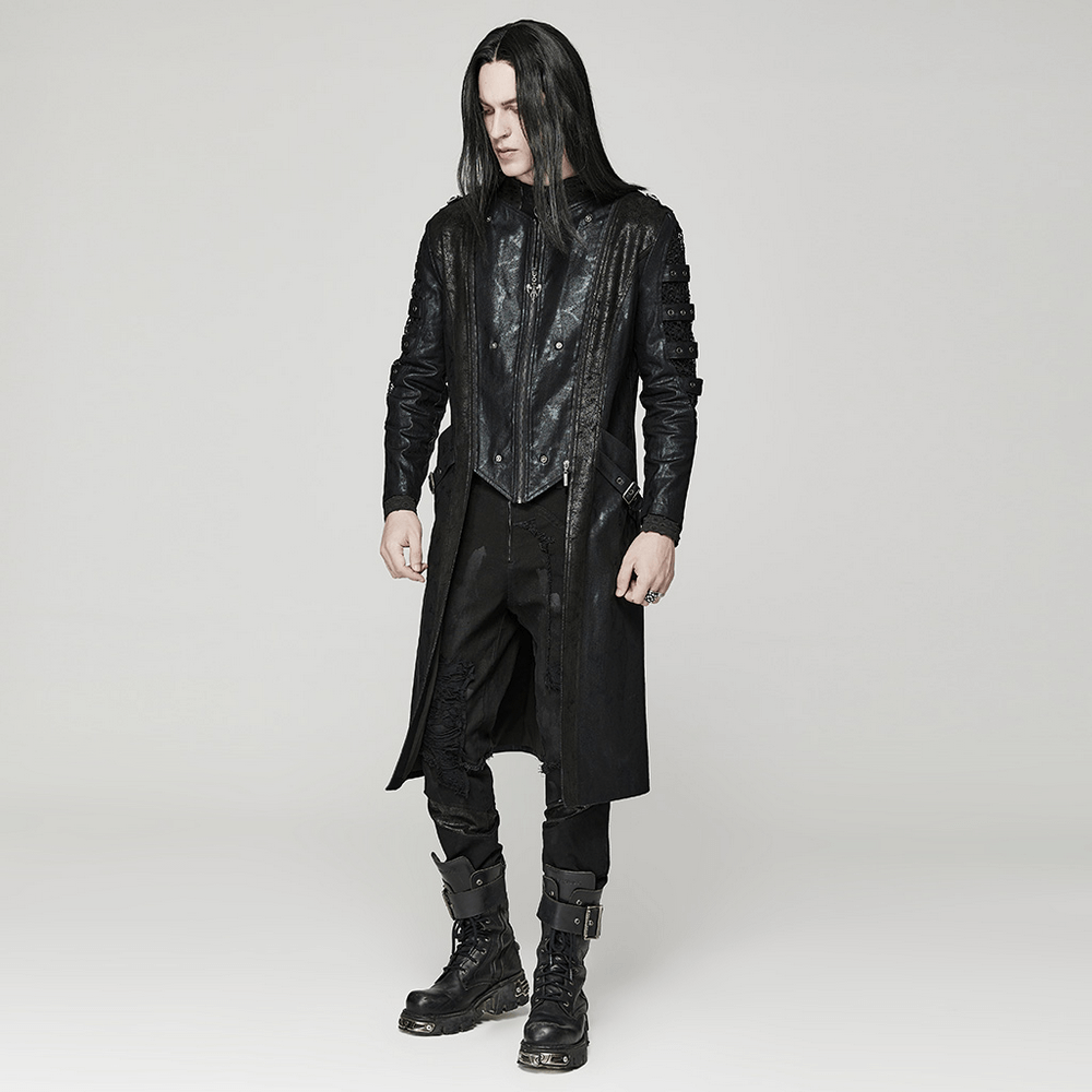 Gothic hooded coat featuring detachable cap and mesh sleeves, showcasing edgy punk style and unique details.