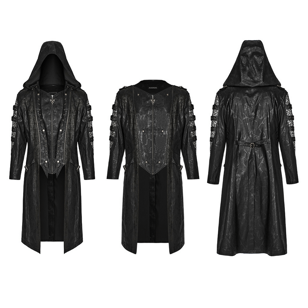 Gothic Hooded Coat with Detachable Cap and Mesh Sleeves - HARD'N'HEAVY